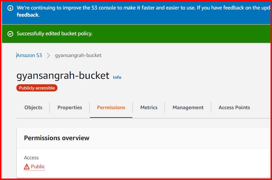 Picture showing the confirmation message for the creation of bucket policy